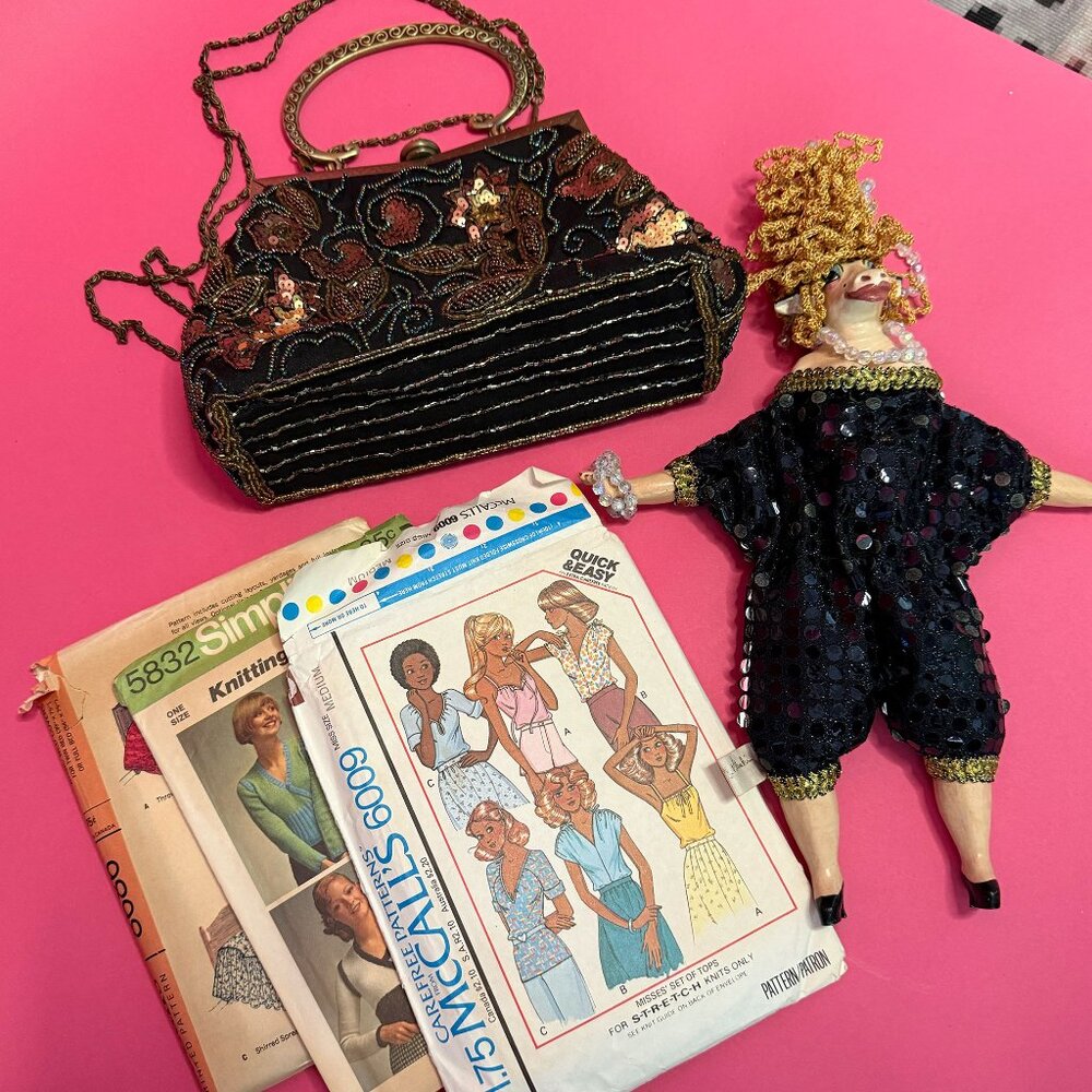 Vintage Fashion Gift Bundle – Rare Wayne Kleski Doll, Beaded Clutch & Patterns
